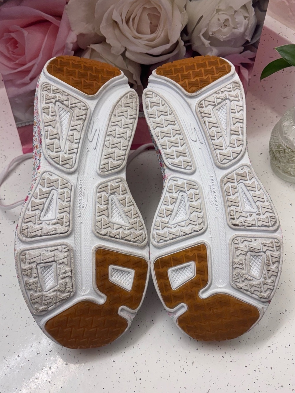 Skechers Women’s White Knit Sneakers with Pink Floral Midsole - Picture 7 of 8
